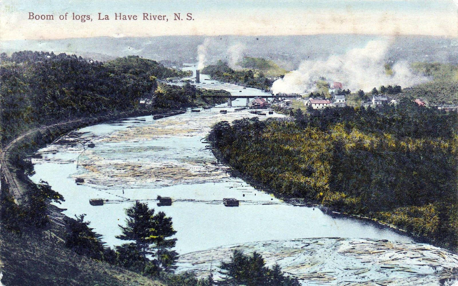 Logs moving down the LaHave to Bridgewater -- Davison Mills are on the right and left of the river, photo from Paul Harmon 